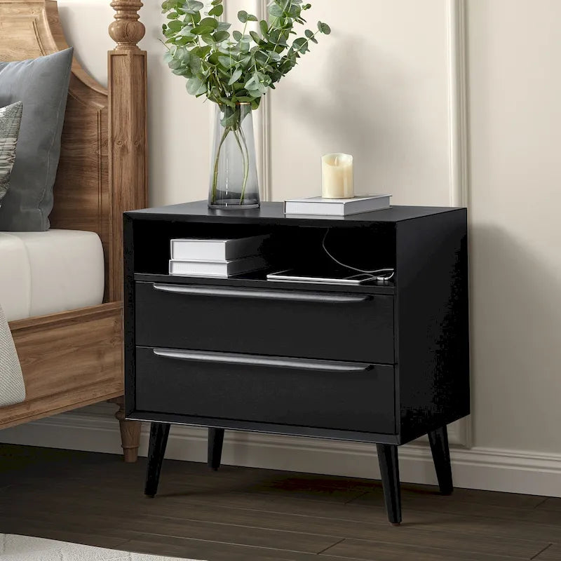 Kay Mid-century Modern 2 - Drawer Nightstand with Built-In Outlets and USB by HULALA HOME
