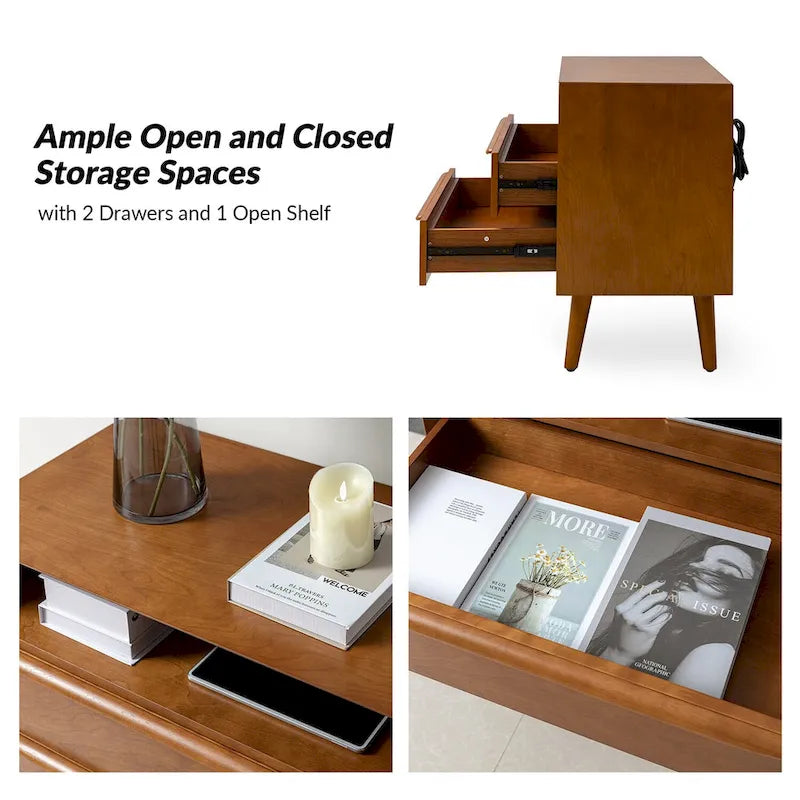 Kay Mid-century Modern 2 - Drawer Nightstand with Built-In Outlets and USB by HULALA HOME