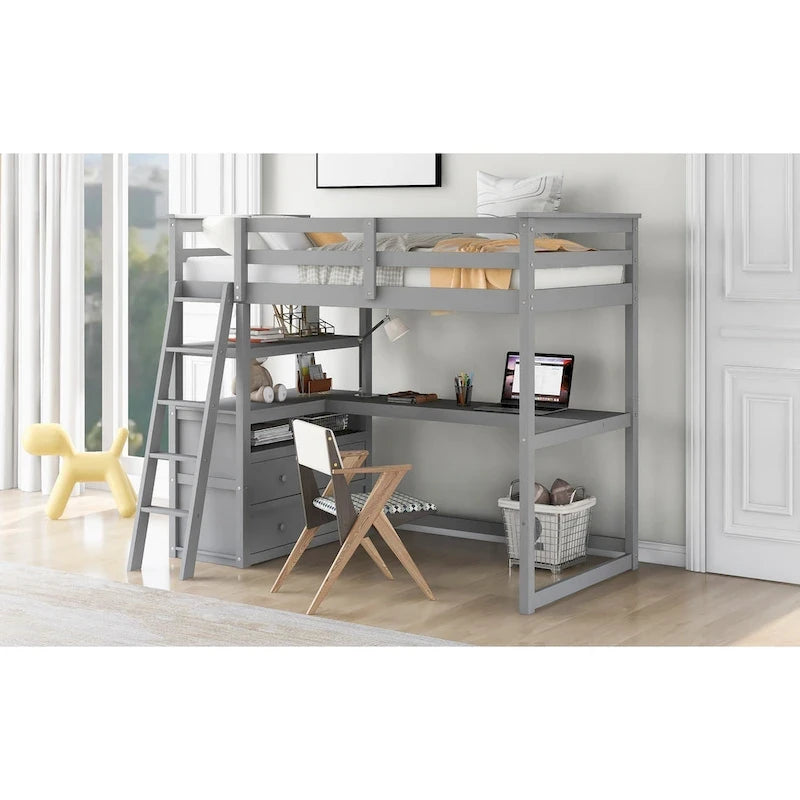 Twin Size Loft Bed with Desk and Shelves, Two Built-in Drawers