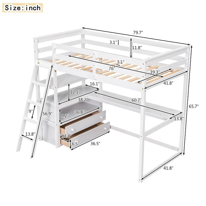 Twin Size Loft Bed with Desk and Shelves, Two Built-in Drawers