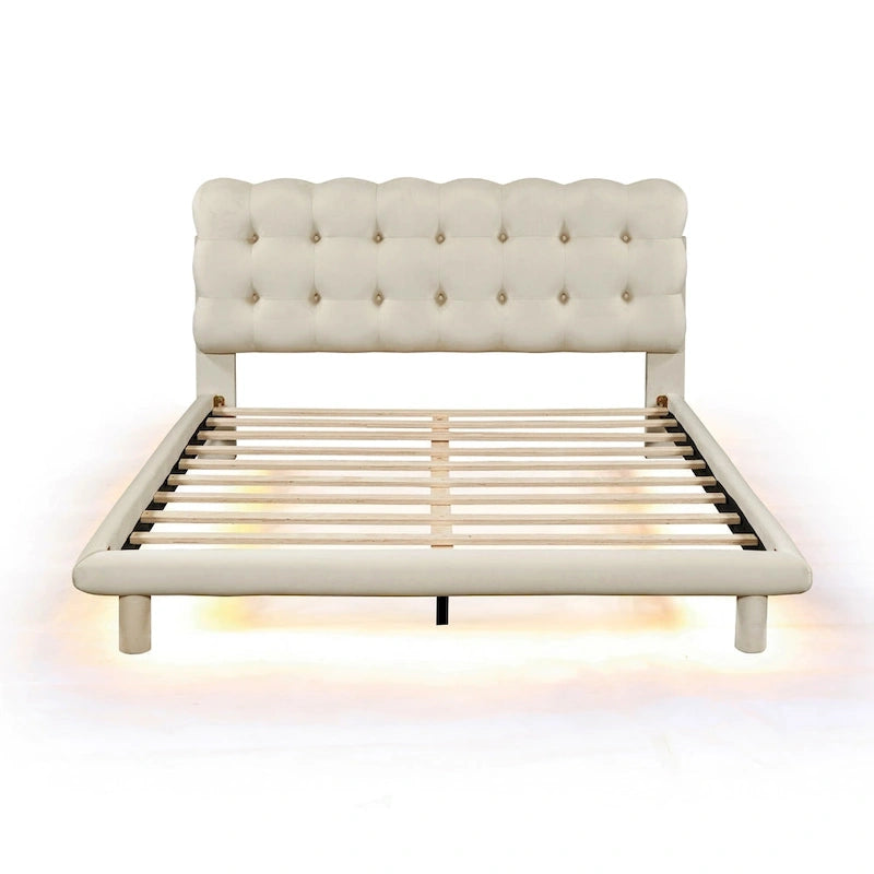 Queen Size Velvet Platform Bed with LED Frame, Thick & Soft Fabric and Button-tufted Design Headboard, Beige