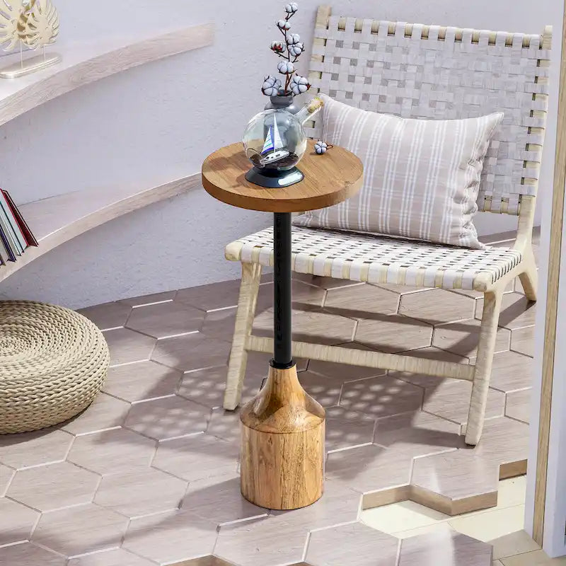 COZAYH Farmhouse Pedestal End table, Rustic Wood Drink Table with Base, Round Martini Table for Small Space Living Room