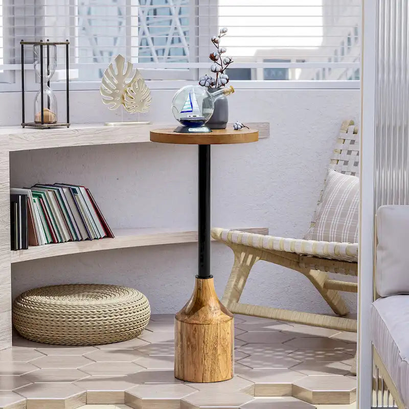 COZAYH Farmhouse Pedestal End table, Rustic Wood Drink Table with Base, Round Martini Table for Small Space Living Room