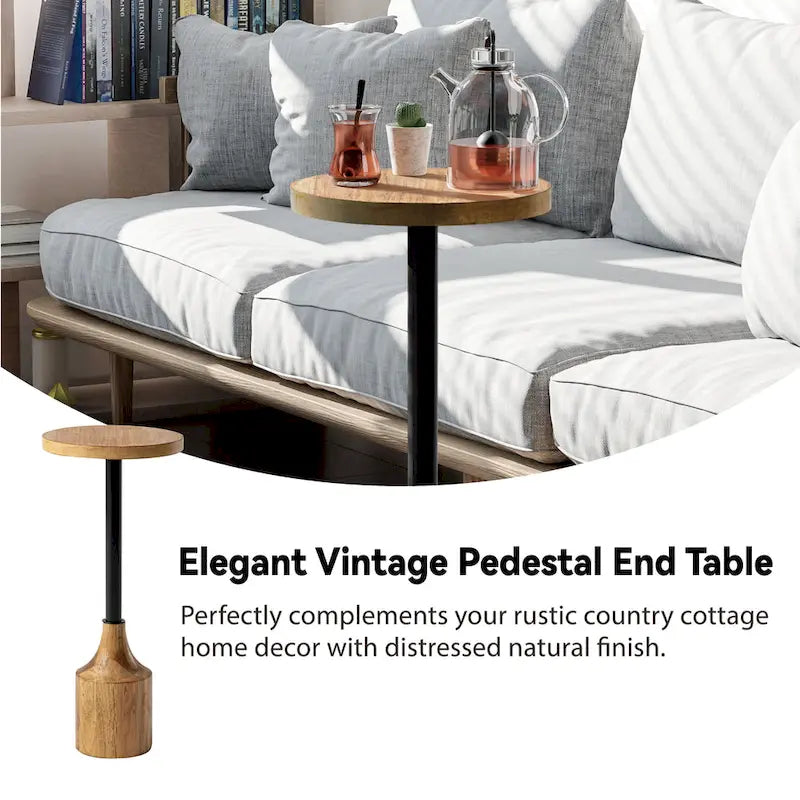 COZAYH Farmhouse Pedestal End table, Rustic Wood Drink Table with Base, Round Martini Table for Small Space Living Room
