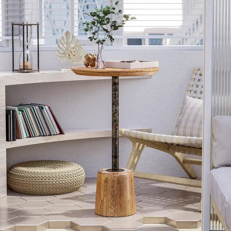 COZAYH Farmhouse Pedestal End table, Rustic Wood Drink Table with Base, Round Martini Table for Small Space Living Room