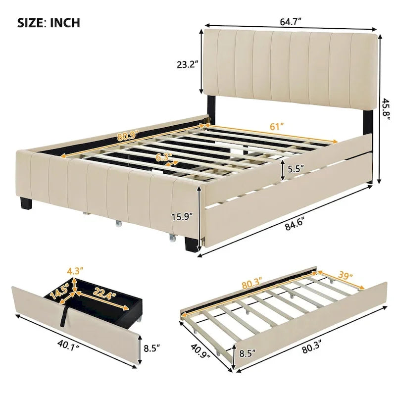 Merax Queen Size Velvet Upholstered Platform Bed with 2 Drawers and 1 Twin XL Trundle