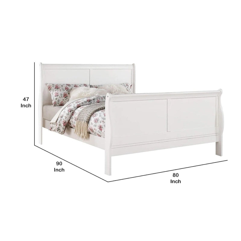 Transitional Panel Design Sleigh Eastern King Size Bed, White