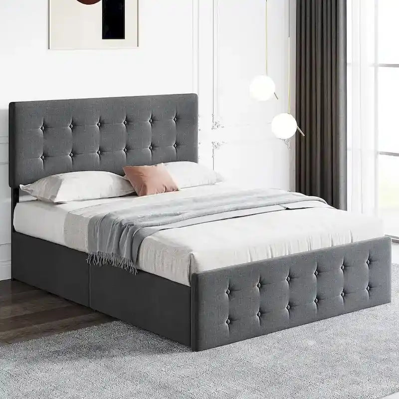 Upholstered Bed Frame with 4 Drawers and Adjustable Headboard
