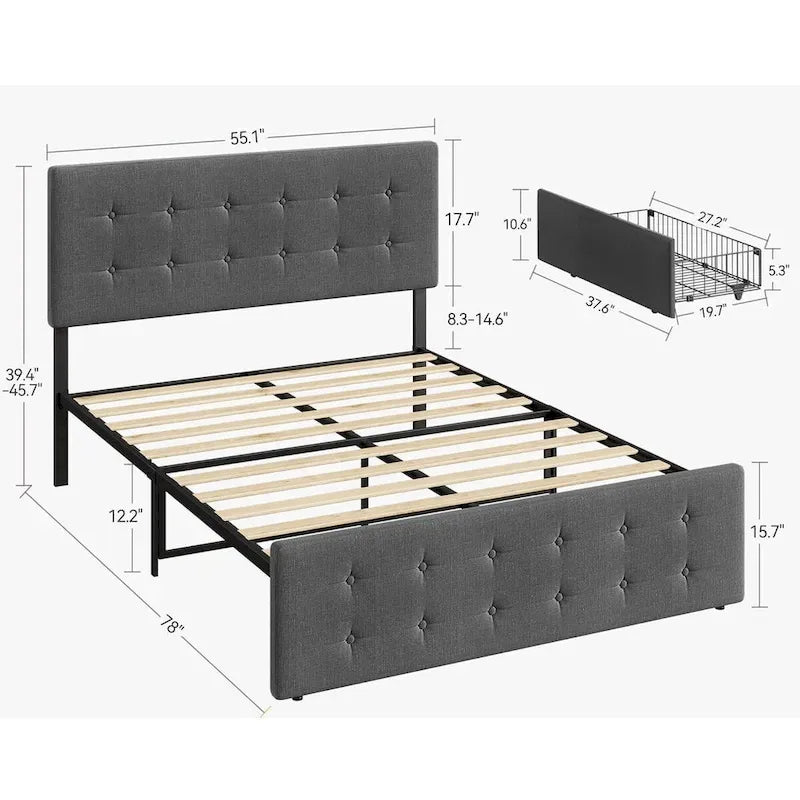 Upholstered Bed Frame with 4 Drawers and Adjustable Headboard