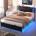 Bed Frame with Storage Upholstered Headboard and Charging Station and RGB LED Lights