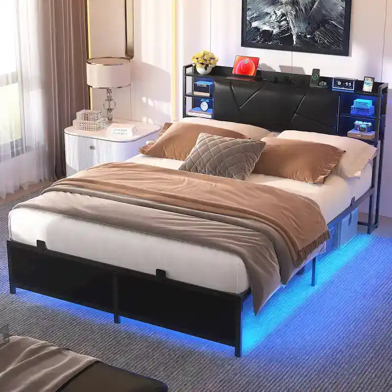 Bed Frame with Storage Upholstered Headboard and Charging Station and RGB LED Lights
