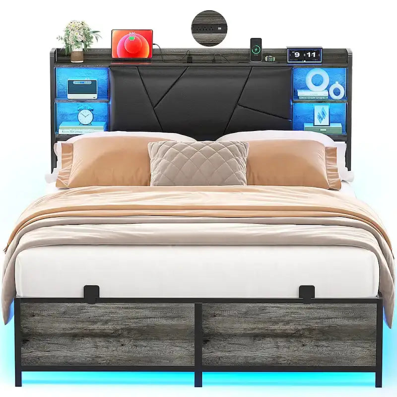 Bed Frame with Storage Upholstered Headboard and Charging Station and RGB LED Lights