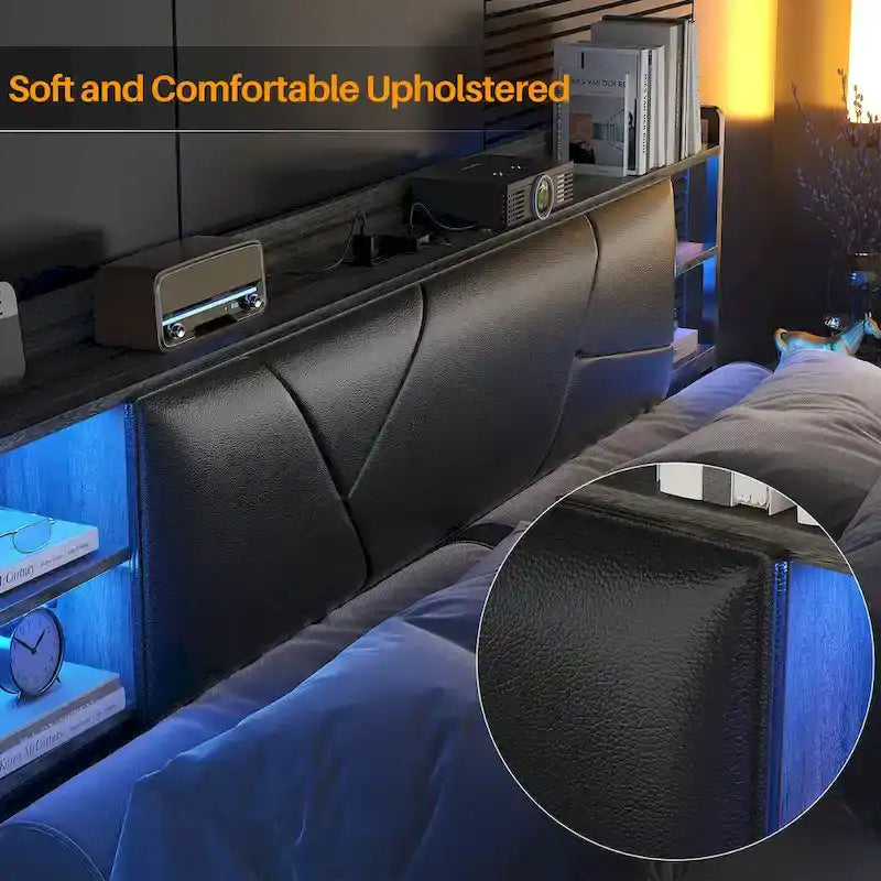 Bed Frame with Storage Upholstered Headboard and Charging Station and RGB LED Lights