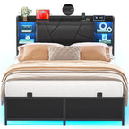 Bed Frame with Storage Upholstered Headboard and Charging Station and RGB LED Lights