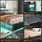 Bed Frame with Storage Upholstered Headboard and Charging Station and RGB LED Lights