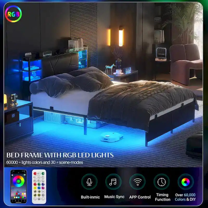 Bed Frame with Storage Upholstered Headboard and Charging Station and RGB LED Lights