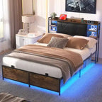 Bed Frame with Storage Upholstered Headboard and Charging Station and RGB LED Lights