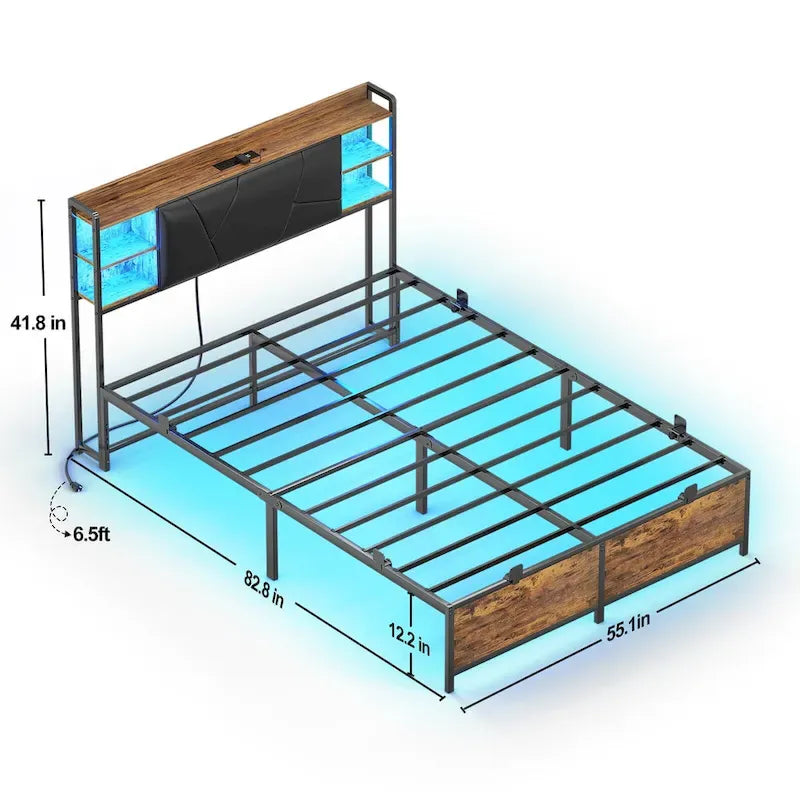 Bed Frame with Storage Upholstered Headboard and Charging Station and RGB LED Lights