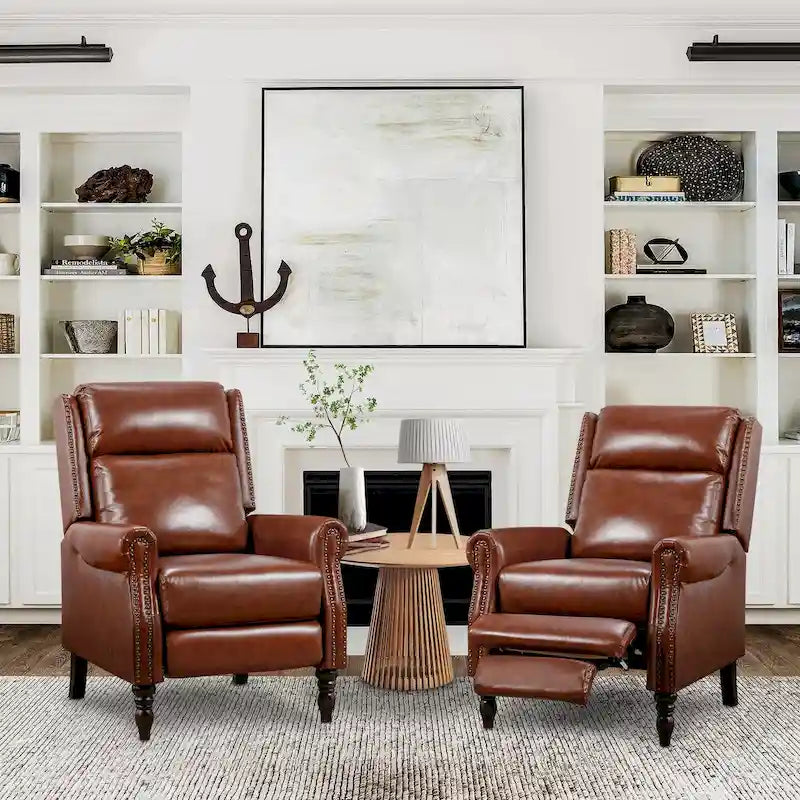 COZYMAN Mid-century Genuine Leather Recliner Adjustable Push Back Comfortable Set of 2 Arm Chairs for Living Room