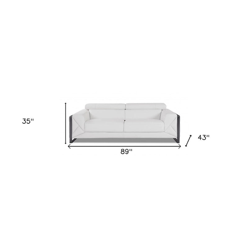 HomeRoots 89 White Italian Leather Sofa With Silver Legs - 35 H x 89 W x 43 D