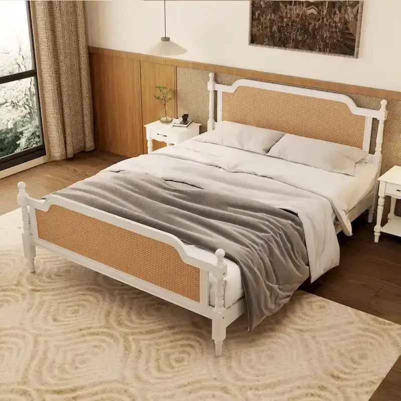 Traditional Style Rattan Queen Size Bed Frame,No Box Spring Needed