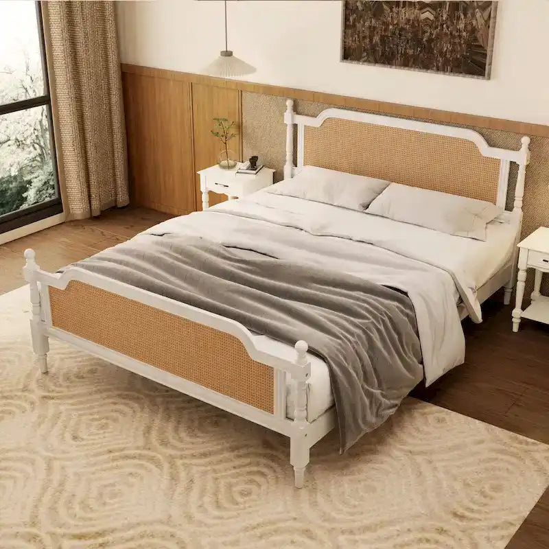 Traditional Style Rattan Queen Size Bed Frame,No Box Spring Needed